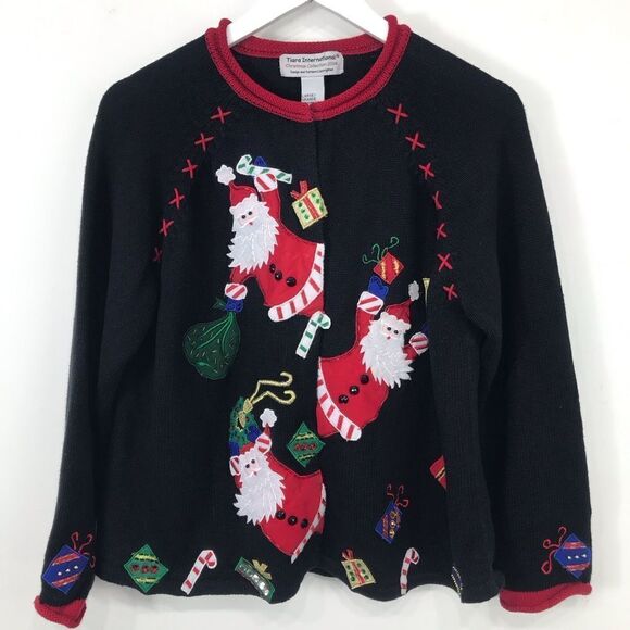 Tiara International Christmas Collection 2004 Black Red Santa Appliqué Cardigan - Picture 2 of 16